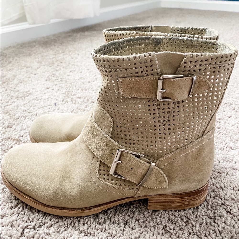 Suede sand colored motorcycle ankle boots